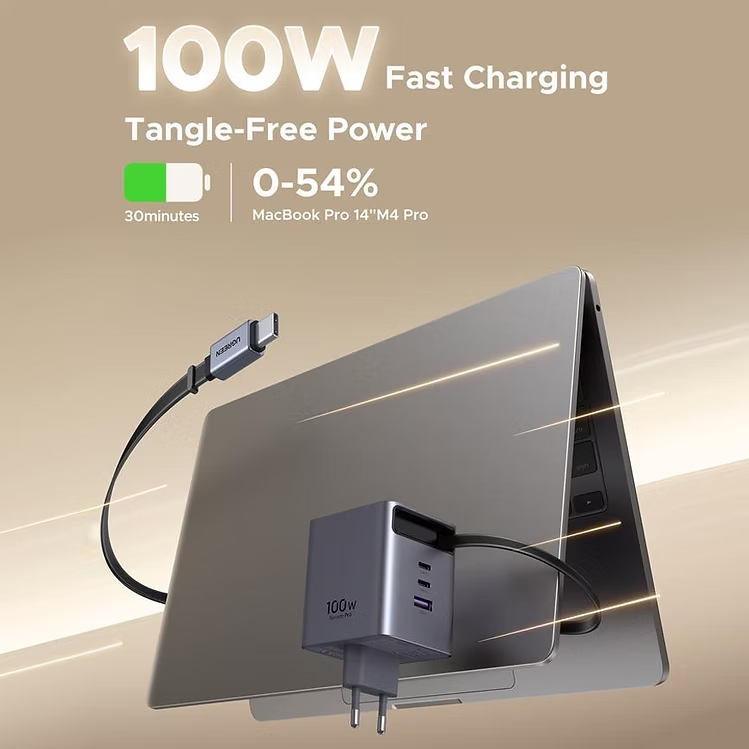 UGREEN Nexode Pro 100W GaN Charger with Built-in Retractable USB-C Cable (75 cm) | Fast USB-C Wall Charger for Laptops & Phones (65828) + Schuko to India Adapter