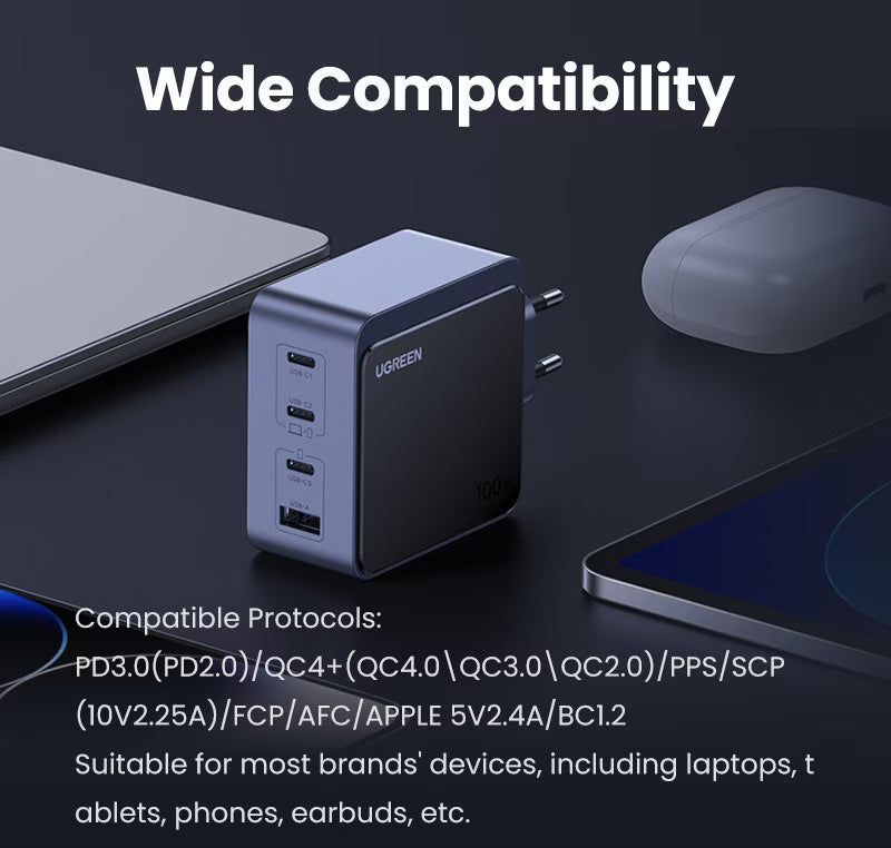 UGREEN Nexode S 100W charger wide compatibility PD QC PPS SCP laptops tablets phones earbuds watches