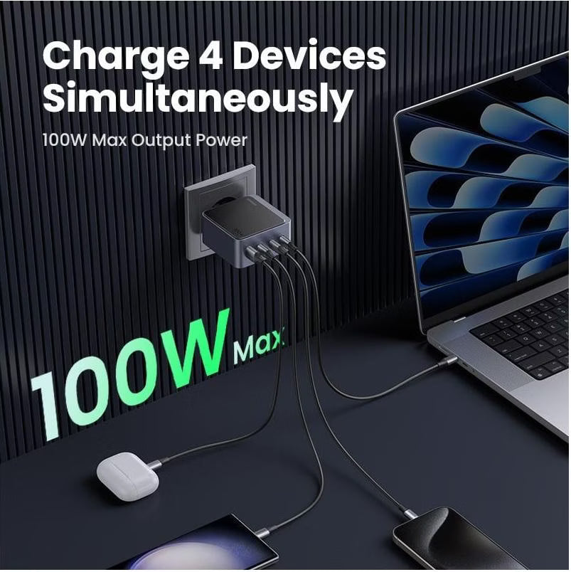 UGREEN Nexode S 100W charger charging four devices simultaneously laptop phone smartwatch and earbuds