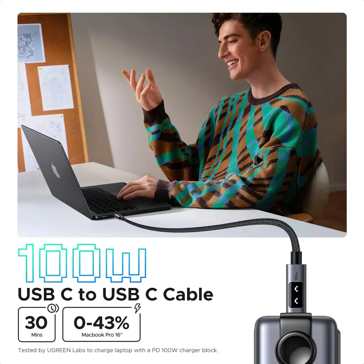 UGREEN USB C to USB C Cable 0.5M 1.6ft 100W Fast Charging Type-C LED Display iPhone 16 Pro Max 15 MacBook iPad Galaxy (45612)