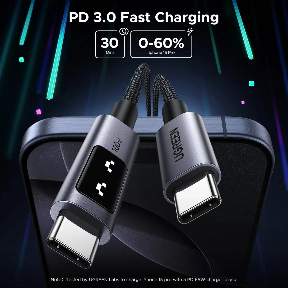 UGREEN USB C to USB C Cable 0.5M 1.6ft 100W Fast Charging Type-C LED Display iPhone 16 Pro Max 15 MacBook iPad Galaxy (45612)