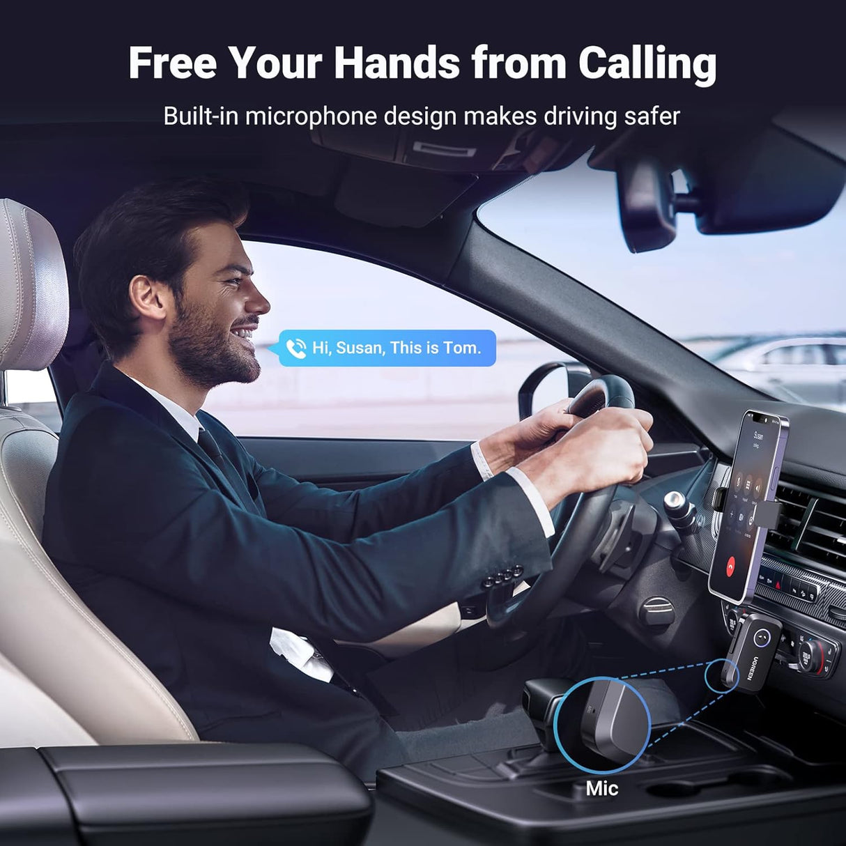 UGREEN Bluetooth 5.4 Car Adapter, Hands-Free Call & Noise Cancelling AUX to Bluetooth Adapter for Car, 3.5mm Audio Blue-Tooth Receiver for Cars Stereo Home Speaker - 15H Battery Life (90748)