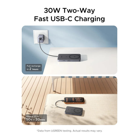 UGREEN MagFlow Air 75983 10000mAh Qi2 magnetic power bank, lunar white, 30W two-way fast USB-C charging