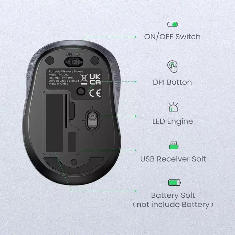 UGREEN 2.4G Silent Wireless Optical Mouse Metal Scroll USB Receiver 2400 DPI PC Laptop Computer Chromebook MacBook (90371)