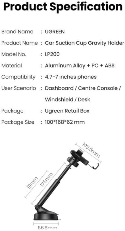 Ugreen Gravity Mobile Phone Holder with Suction Cup, Black (60990B)