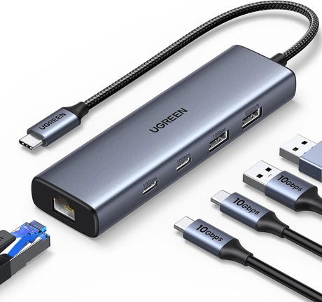 UGREEN USB C to Ethernet Adapter, 10Gbps Data Ports 5 in 1 USB C Hub Ethernet with 2* USB-C 3.2, USB-A 3.2/2.0, Gigabit RJ45 for Laptop, Type C (Thunderbolt 4/3 Compatible) to Network for MacBook, XPS Ugreen