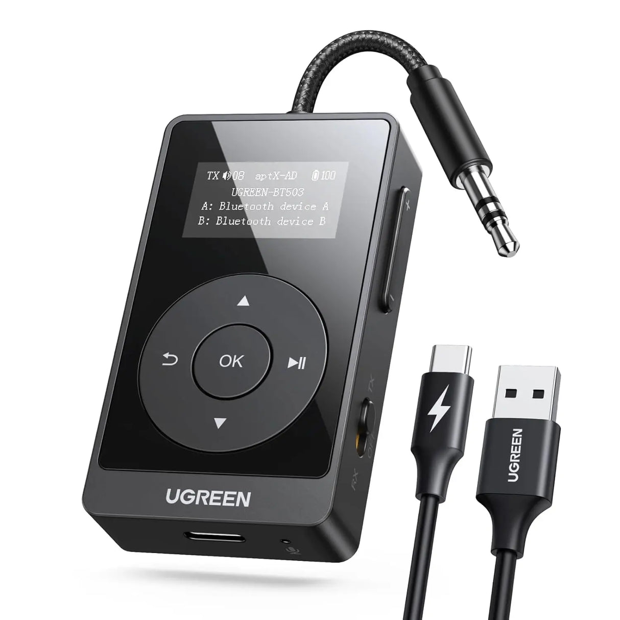 UGREEN Bluetooth 5.3 Transmitter Receiver aptX Low Latency 2-in-1 Wireless Audio Adapter TV Car Stereo Headphones (45492)