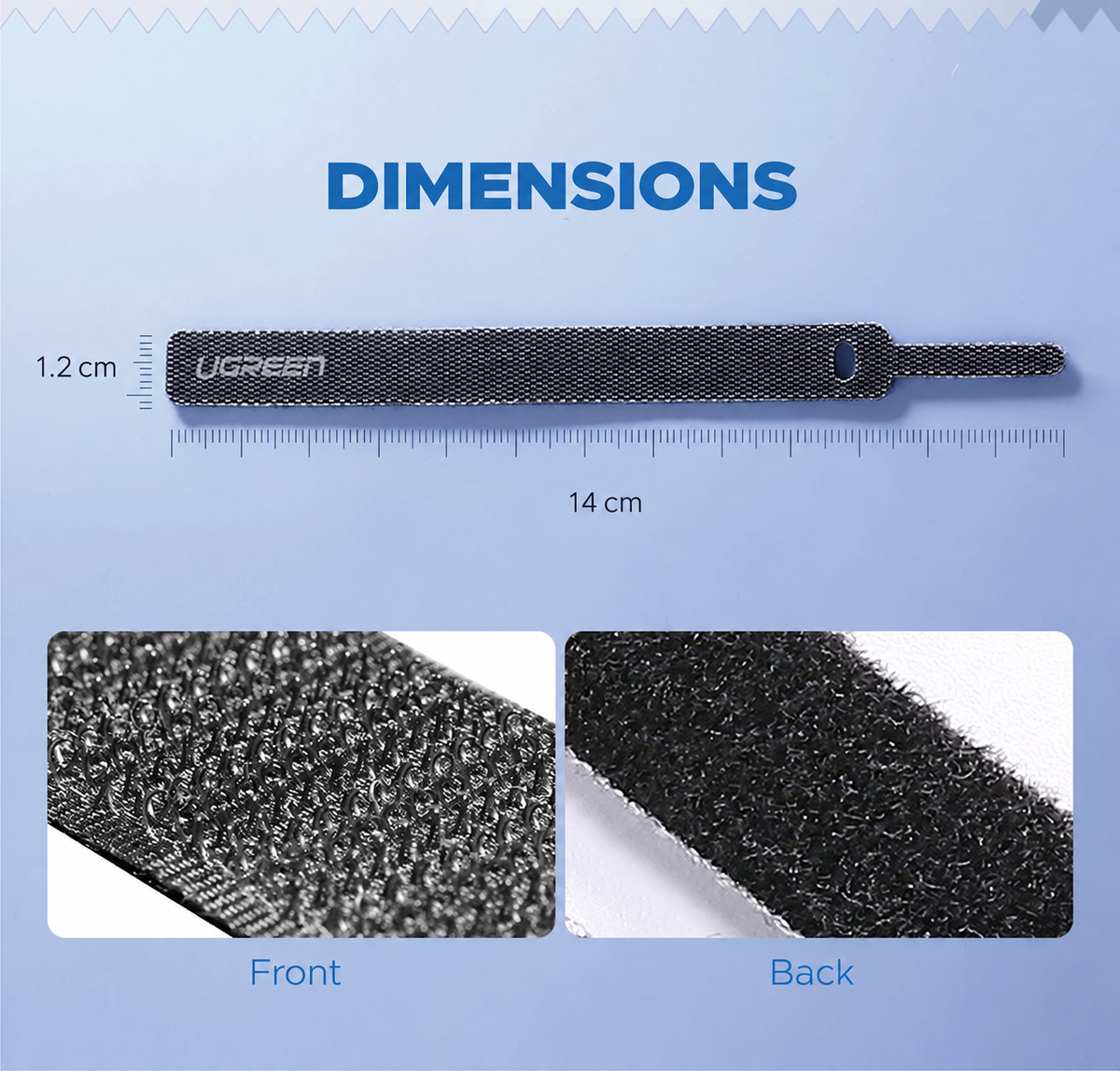 UGREEN 50370 14cm cable tie dimensions and hook-and-loop material detail