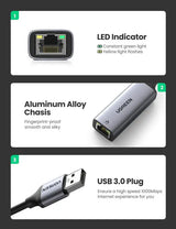 UGREEN USB ইথারনেট অ্যাডাপ্টার অ্যালুমিনিয়াম USB 3.0 থেকে নেটওয়ার্ক গিগাবিট RJ45 LAN 10/100/1000 Mbps অ্যাডাপ্টার কনভার্টার নিন্টেন্ডো সুইচ, ম্যাকবুক, ম্যাক প্রো মিনি, আইম্যাক, এক্সপিএস, সারফেস প্রো, নোটবুক, পিসি, গ্রে (50922) এর জন্য সামঞ্জস্যপূর্ণ