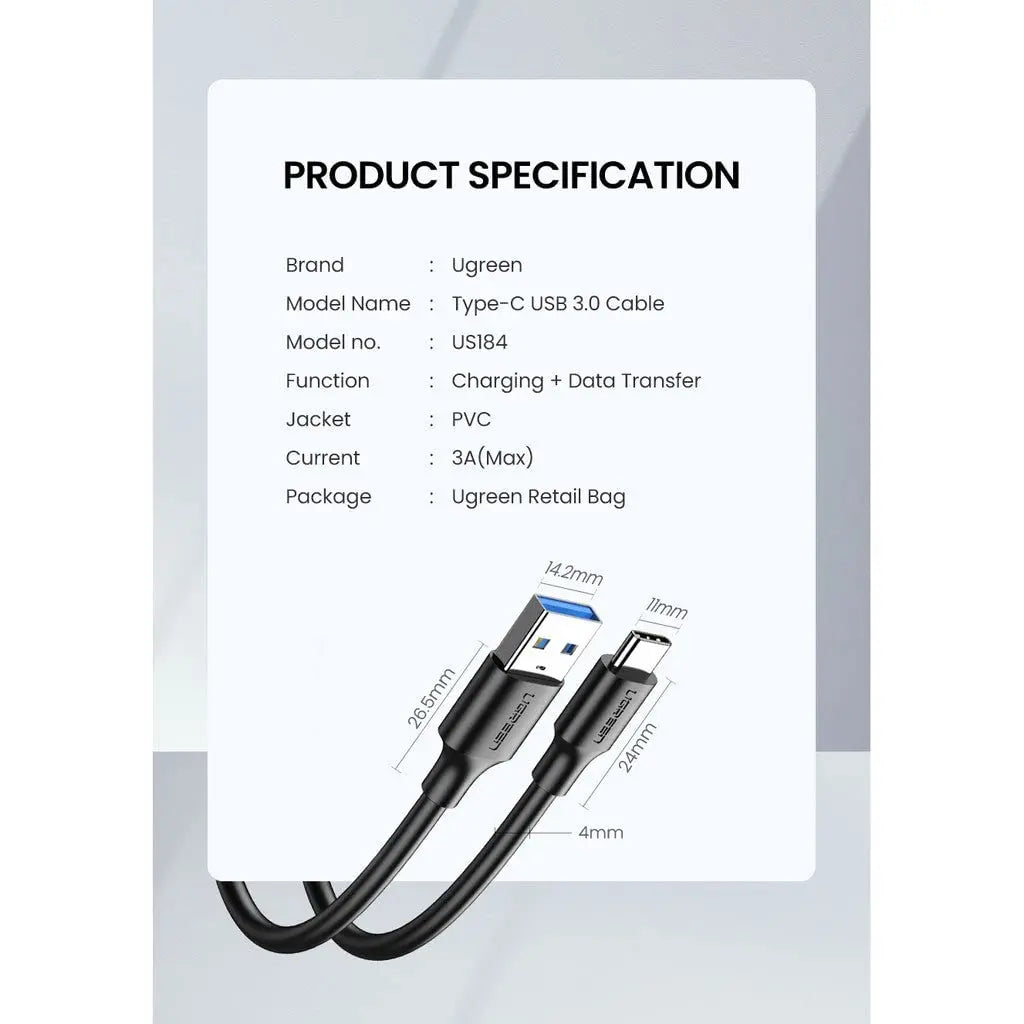 UGREEN 2M USB 3.0 A मेल टू टाइप C मेल केबल निकेल प्लेटिंग चार्जिंग एडाप्टर, स्मार्टफ़ोन के लिए (20884)