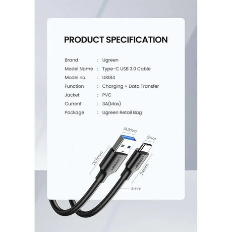 UGREEN 2M USB 3.0 A Male to Type C Male Cable Nickel Plating for Charging Adapter, Smartphone (20884) - Ugreen India
