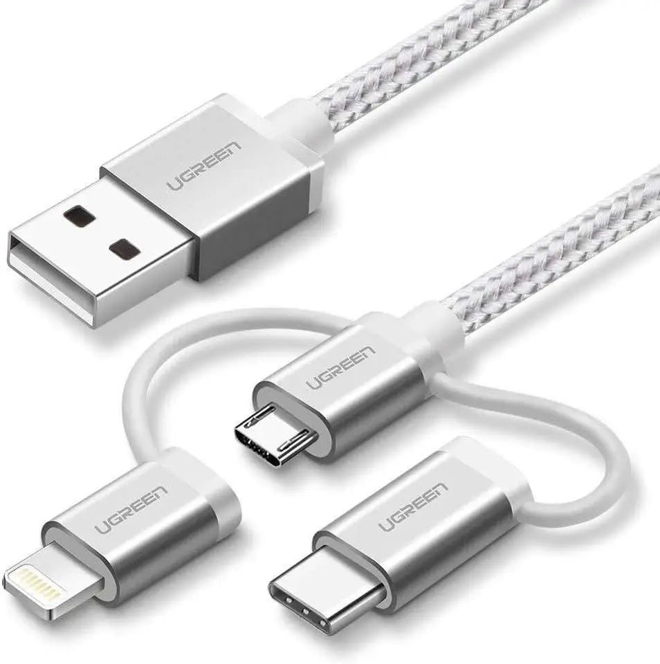 Ugreen 1.5M 3 In 1  USB 2.0 Multifunction Cable With Braid, Usb A to Usb C/ Lightning/ Micro Usb Cable, Silver(50203) - Ugreen India