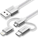 Ugreen 1.5M 3 In 1  USB 2.0 Multifunction Cable With Braid, Usb A to Usb C/ Lightning/ Micro Usb Cable, Silver(50203) - Ugreen India