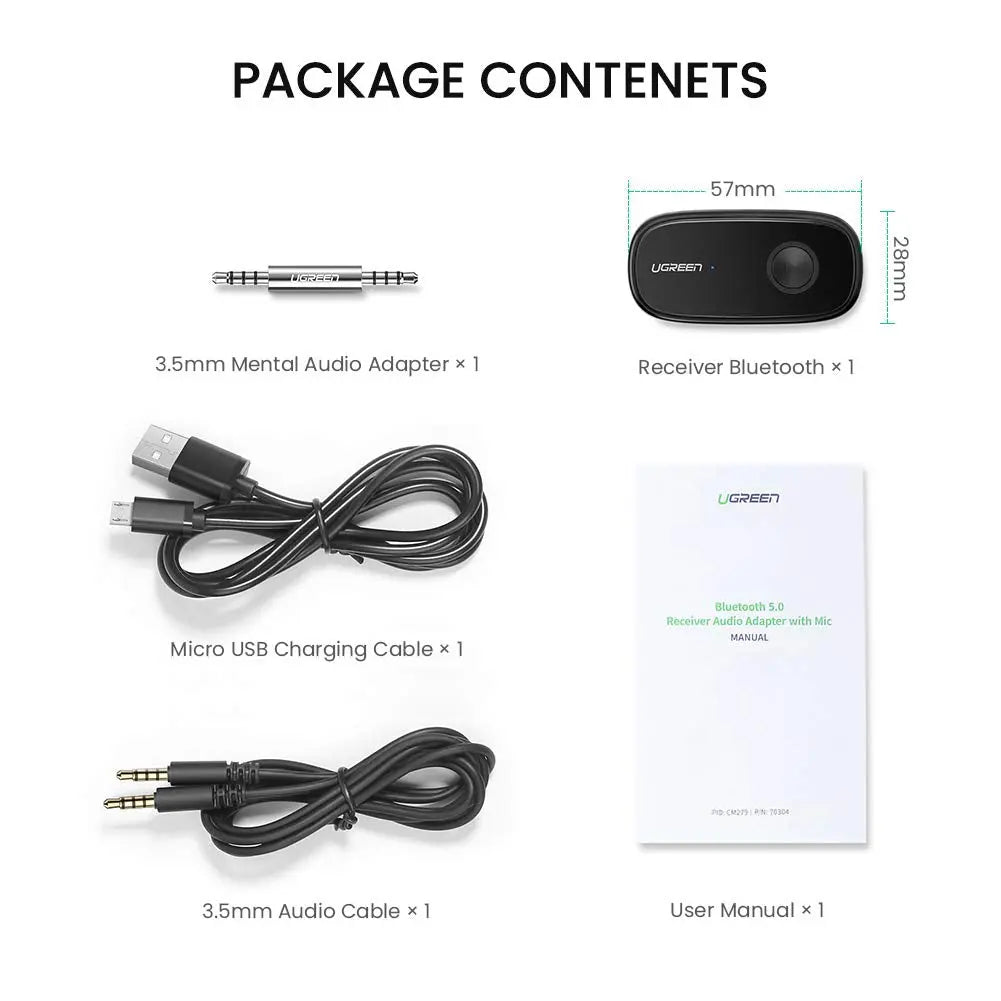 UGREEN Bluetooth Receiver, Wireless Bluetooth 5.0 Car Adapter Portable Wireless Audio Adapter 3.5mm Aux for Music Streaming Sound System Speaker, Headphones, Hands-Free Car Kit with Microphone (70304) - Ugreen India
