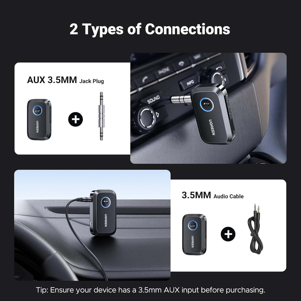 UGREEN Bluetooth 5.4 Car Adapter, Hands-Free Call & Noise Cancelling AUX to Bluetooth Adapter for Car, 3.5mm Audio Blue-Tooth Receiver for Cars Stereo Home Speaker - 15H Battery Life (90748)