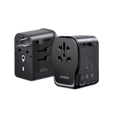 UGREEN 55001 Universal Travel Adapter GaN 65W with USB-C PD, USB-A, AC Outlet, Grounded Plug & Retractable Pins