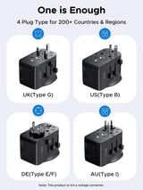 UGREEN 55001 Universal Travel Adapter GaN 65W with USB-C PD, USB-A, AC Outlet, Grounded Plug & Retractable Pins