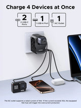 UGREEN 55001 Universal Travel Adapter GaN 65W with USB-C PD, USB-A, AC Outlet, Grounded Plug & Retractable Pins