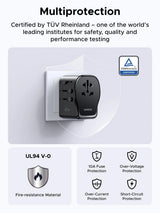 UGREEN 55001 Universal Travel Adapter GaN 65W with USB-C PD, USB-A, AC Outlet, Grounded Plug & Retractable Pins