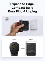 UGREEN 55001 Universal Travel Adapter GaN 65W with USB-C PD, USB-A, AC Outlet, Grounded Plug & Retractable Pins