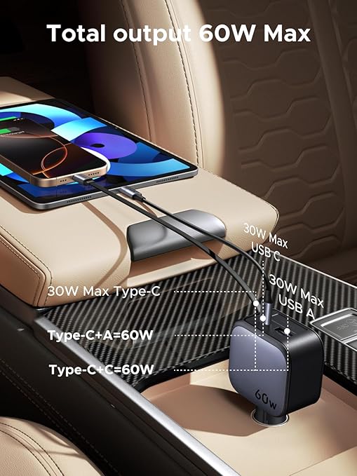 Ugreen 60W Nexode Fast Car Charger With Retractable Cable (1 USB-C 1USB-A) Tablets, Phones (55212B)