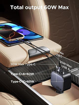 Ugreen 60W Nexode Fast Car Charger With Retractable Cable (1 USB-C 1USB-A) Tablets, Phones (55212B)