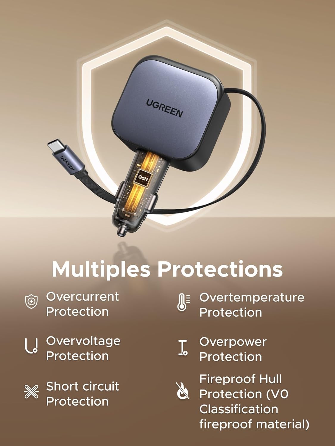 Ugreen 60W Nexode Fast Car Charger With Retractable Cable (1 USB-C 1USB-A) Tablets, Phones (55212B)