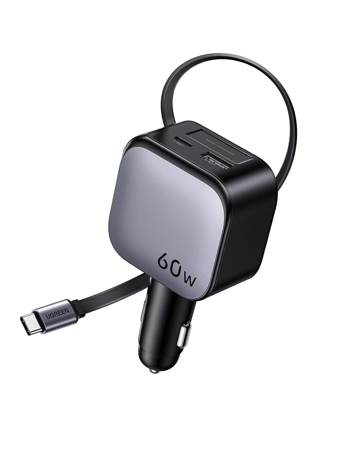Ugreen 60W Nexode Fast Car Charger With Retractable Cable (1 USB-C 1USB-A) Tablets, Phones (55212B)
