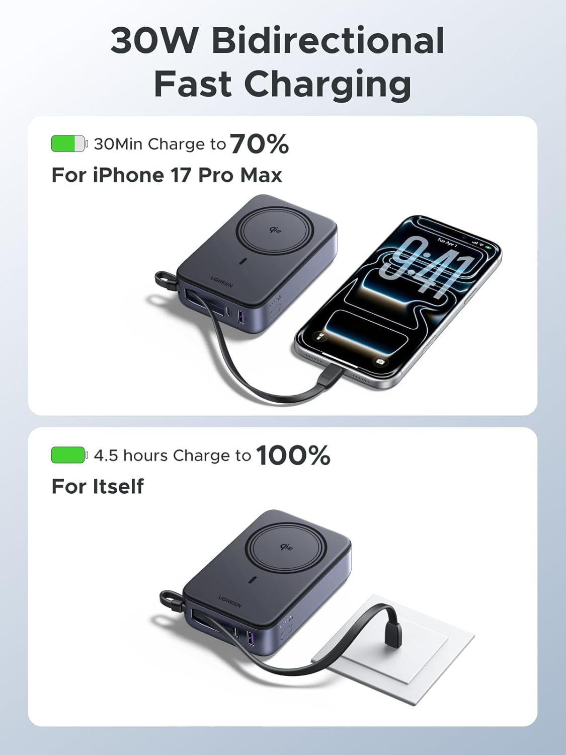 UGREEN Zapix for MagSafe Power Bank Qi2 15W Magnetic Fast Charging 20000mAh Wireless Portable Charger with Built-in Cable PD 30W Battery Pack Compatible with iPhone Air/17/16/15/14/13/12 Series (55450B)