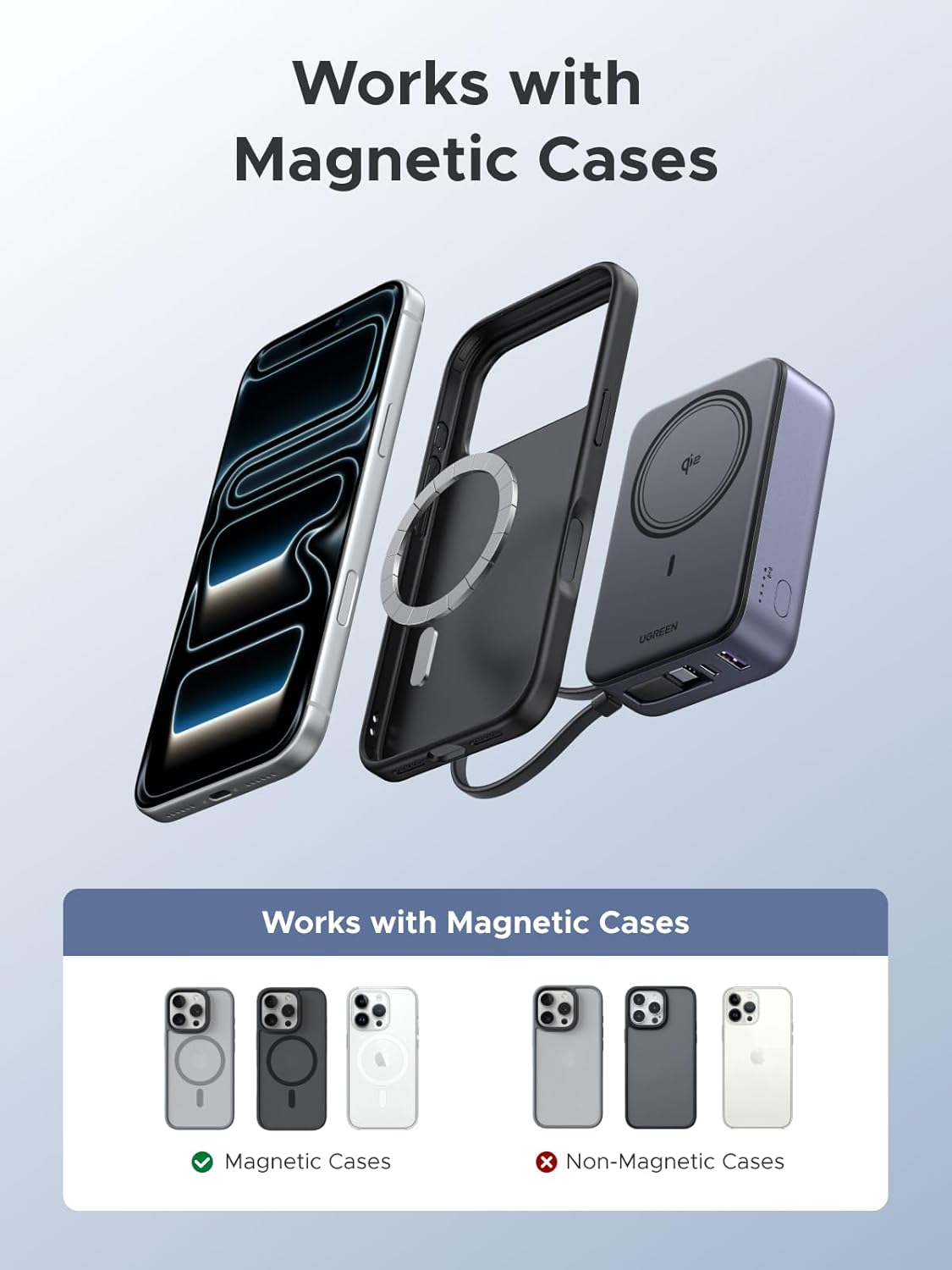 UGREEN Zapix for MagSafe Power Bank Qi2 15W Magnetic Fast Charging 20000mAh Wireless Portable Charger with Built-in Cable PD 30W Battery Pack Compatible with iPhone Air/17/16/15/14/13/12 Series (55450B)