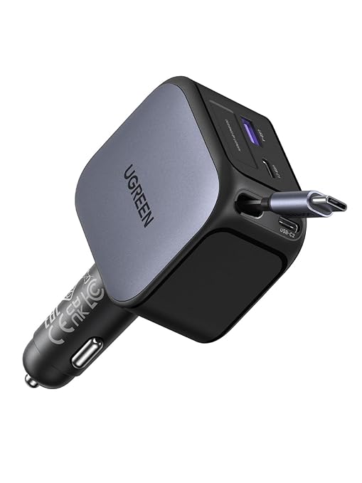 Ugreen 145W Nexode Fast Car Charger With Retractable Cable (2 USB-C, 1 USB-A) Laptops, Tablets, Phones(55910B)