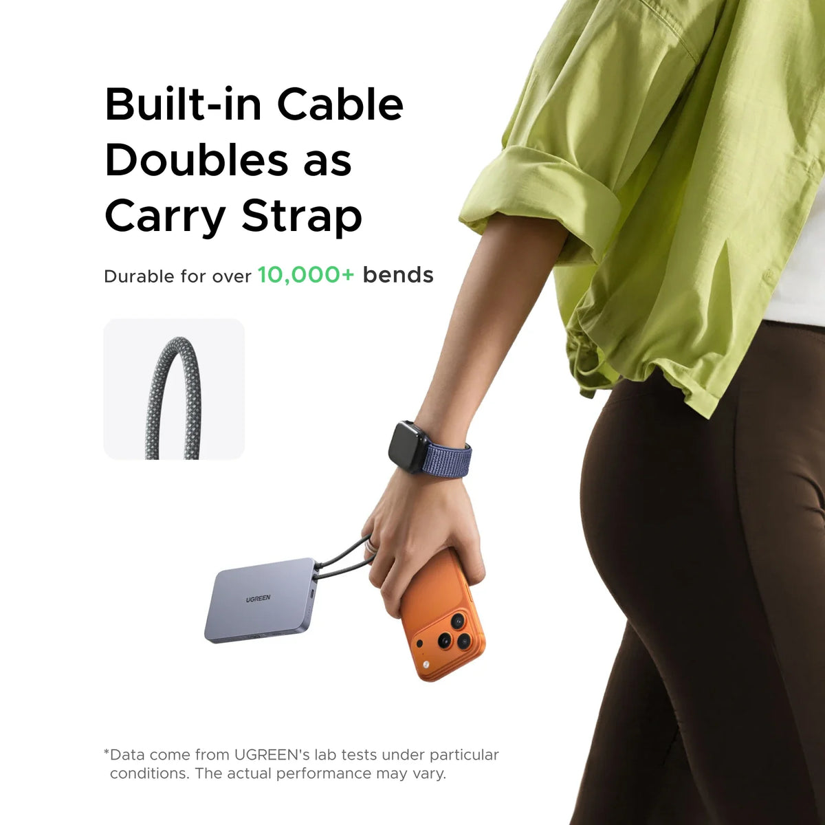 UGREEN MagFlow Air 75983 10000mAh Qi2 magnetic power bank, lunar white, built-in cable doubles as a carry strap