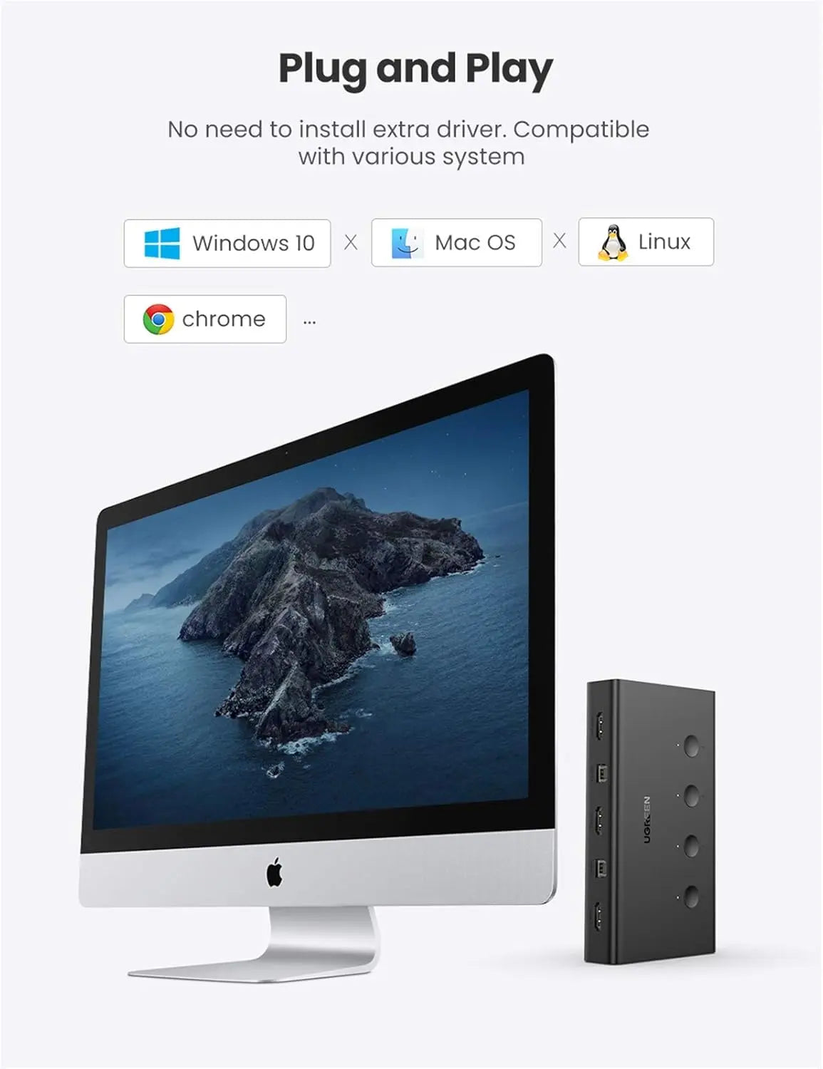 UGREEN 4 इन 1 आउट 4K@60Hz HDMI 2.0 KVM स्विच बॉक्स, कीबोर्ड माउस प्रिंटर मॉनिटर शेयरिंग चयनकर्ता USB हब के साथ लैपटॉप डेस्कटॉप PS4 Xbox One आदि के लिए(70439)