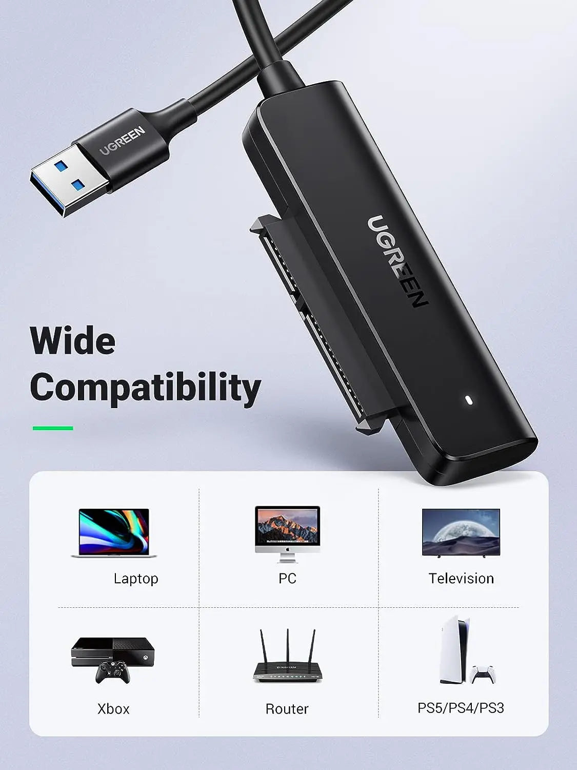 UGREEN ১.৫ ফুট কেবল SATA থেকে USB 3.0 অ্যাডাপ্টার কেবল 2.5" SSD এবং HDD হার্ড ড্রাইভ অ্যাডাপ্টারের জন্য 5Gbps সাপোর্ট SATA III UASP স্যামসাং সিগেট WD সানডিস্ক হিটাচি তোশিবা, PS3, PS4, Xbox, PC, রাউটার, (70609) এর সাথে সামঞ্জস্যপূর্ণ