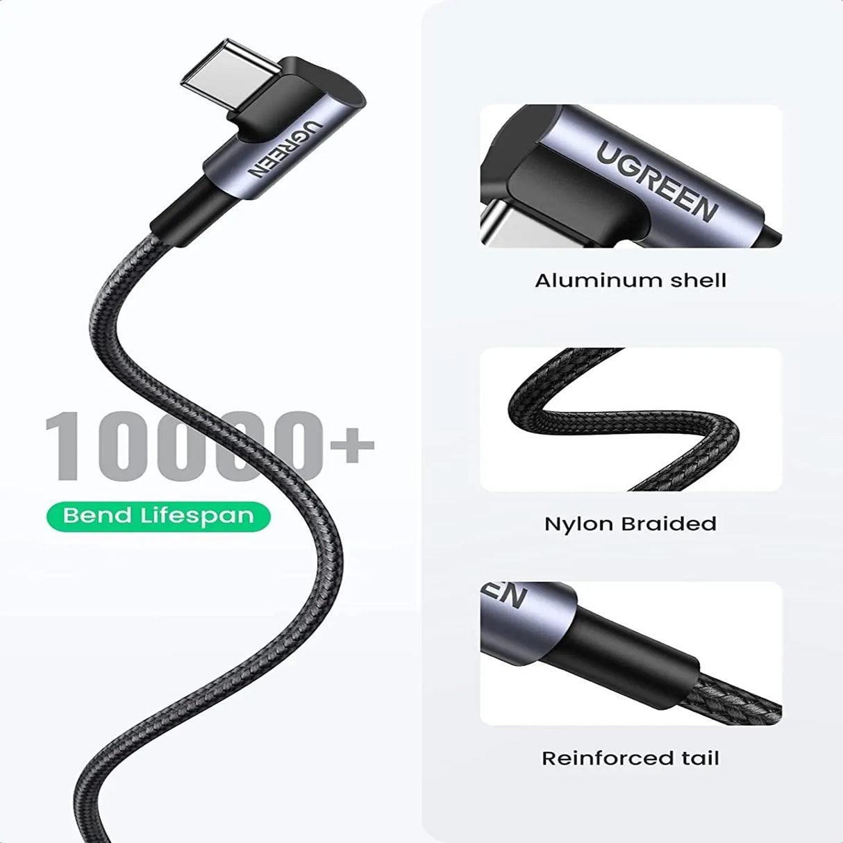 UGREEN USB Type C to USB-A Cable 1M Right Angle 90 Degree Double Nylon Braided QC 3.0 Nickel Plated Aluminum (50941)