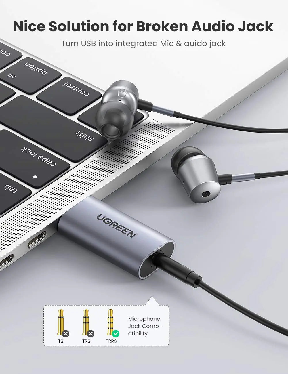 UGREEN 2-in-1 USB External Sound Card Audio Adapter USB to 3.5mm Headphone Mic Jack Converter PC Laptop PS5 PS4 Mac (80864)