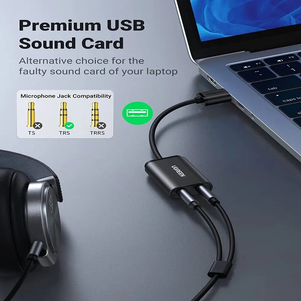 UGREEN USB 2.0 External Stereo Sound Card Adapter 3.5mm Headphone Microphone Jack Windows Mac Linux PC Laptop PS4 (30724)