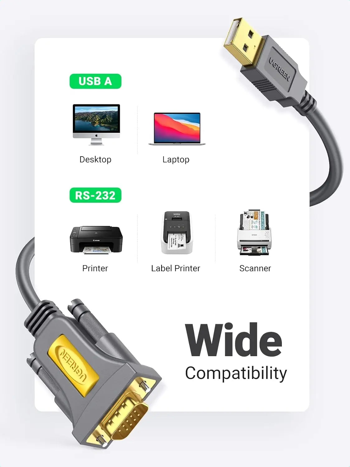 UGREEN USB to RS232 Adapter Cable 2M PL2303 Chipset DB9 Male Serial Converter PC Laptop Router CNC GPS (20222)