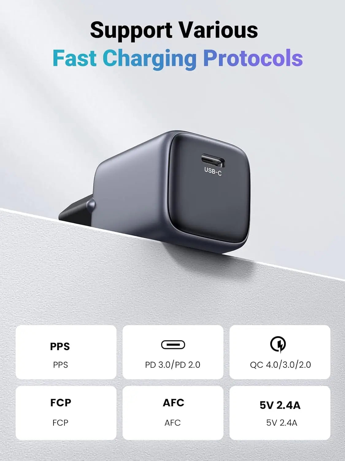 UGREEN 30W charger supported protocols including PD 3.0, PPS, QC, FCP and AFC