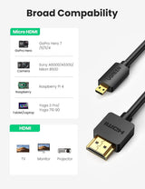 UGREEN 1M Micro HDMI Male to HDMI Male Cable Adapter 4K 60Hz Ethernet Audio Return Channel Compatible with GoPro Hero 7/6 Raspberry Pi 4 Retroid Pocket 2+ Yoga 3 B500 Sony A6000 Camera Video Capture Card (30148)