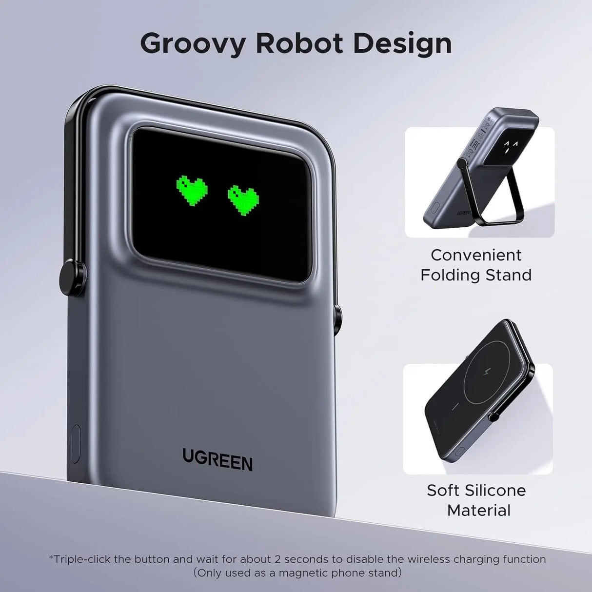 UGREEN 5000mAh Uno Magsafe Power Bank Magnetic 20W Fast Charging with Foldable Stand Emoji TFT Display Power bank for iPhone 16 Pro Max/15 Plus/14/13/12 Series, Black (35605B) Ugreen