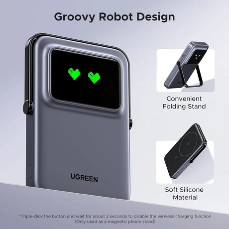 UGREEN 5000mAh Uno Magsafe Power Bank Magnetic 20W Fast Charging with Foldable Stand Emoji TFT Display Power bank for iPhone 16 Pro Max/15 Plus/14/13/12 Series, Black (35605B) Ugreen