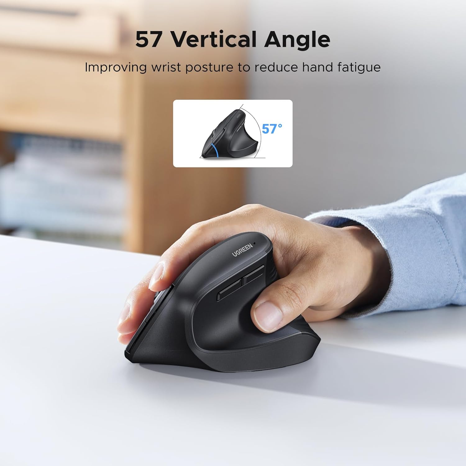 UGREEN M571 mouse showing its 57-degree right-handed vertical ergonomic angle