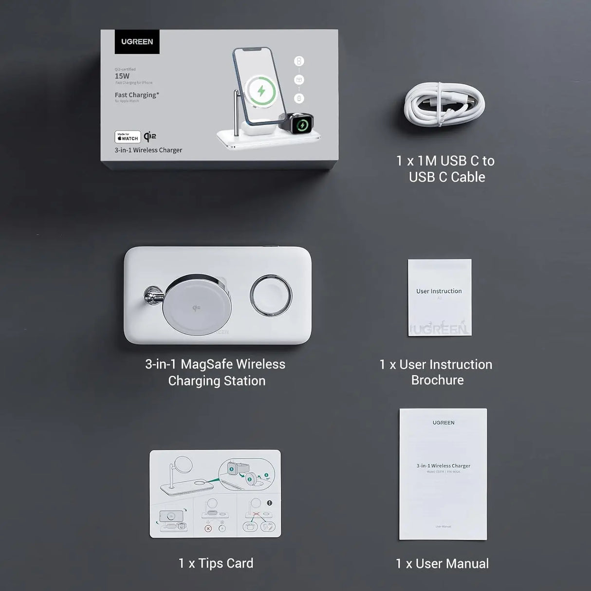 UGREEN 3-in-1 MagSafe Wireless Charging Station 25W Fast Magnetic Charger iPhone 15/14/13/12 AirPods Apple Watch Foldable White 90326