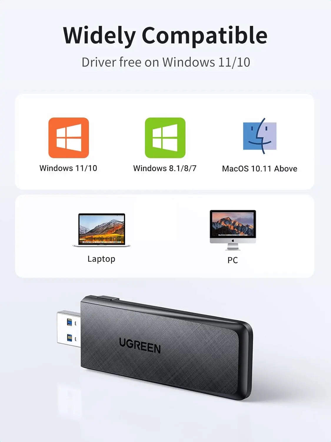 UGREEN AC1300 5G 2.4G ডুয়াল ব্যান্ড USB 3.0 ওয়াইফাই অ্যাডাপ্টার ডেস্কটপ পিসি মিনি ওয়্যারলেস কম্পিউটারের জন্য Windows 11/10/8.1/8/7, MacOS 10.11 Above (50340) এর সাথে সামঞ্জস্যপূর্ণ