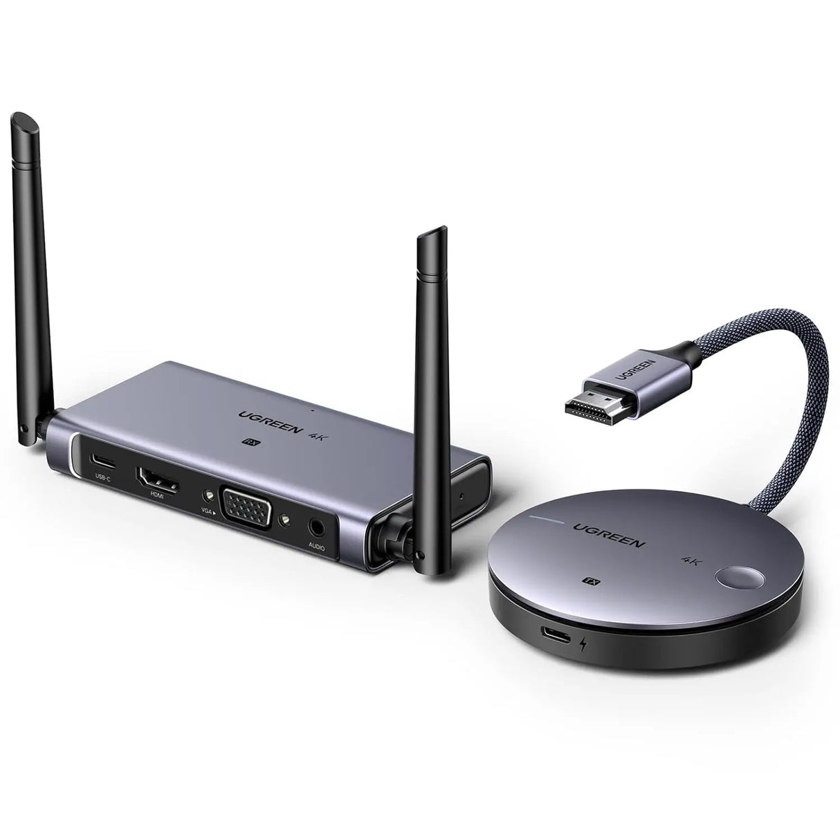 UGREEN 4K@30Hz 2.4G/5G वायरलेस HDMI ट्रांसमीटर और रिसीवर, एक क्लिक से कनेक्शन, 165FT/50M रेंज, लैपटॉप/PC/TV बॉक्स से मॉनिटर पर वीडियो और ऑडियो स्ट्रीम करने के लिए एक्सटेंडर (90909A) 