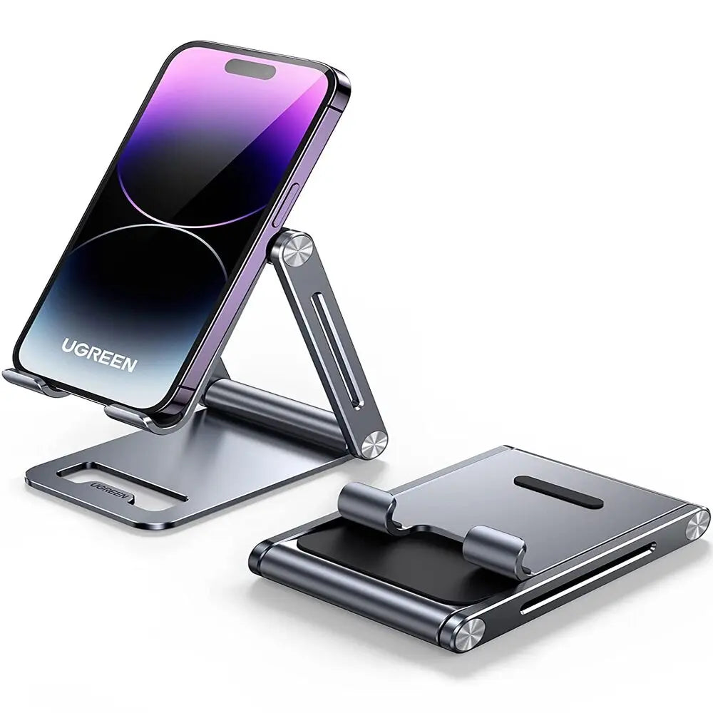 UGREEN LP263 grey adjustable phone stand shown open with a smartphone and folded for storage