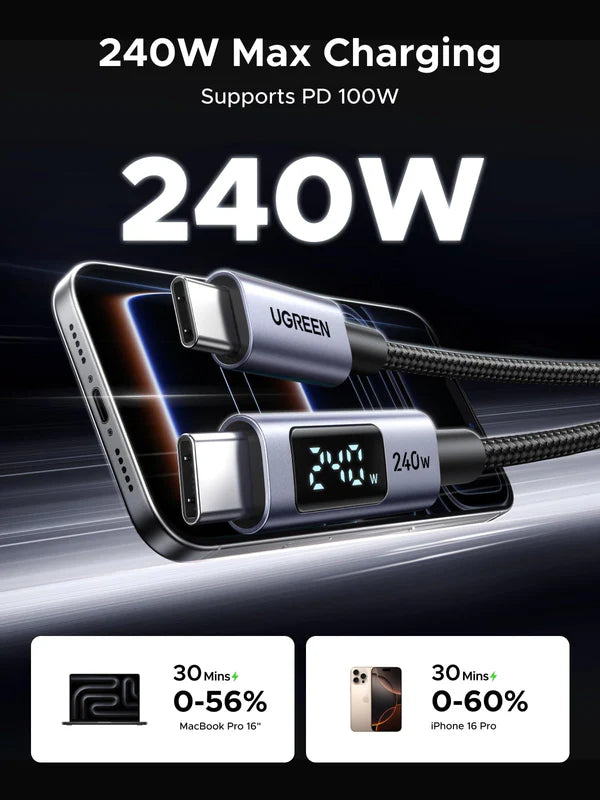 UGREEN 2m 240W USB C to USB-C Cable with Digital Display PD 3.1 Type C to C Fast Charging Cable Compatible with MacBook Pro M4/Air, iPad Pro 2025, HP EliteBook, iPhone Air/17/16, GalaxyS25 (65867)