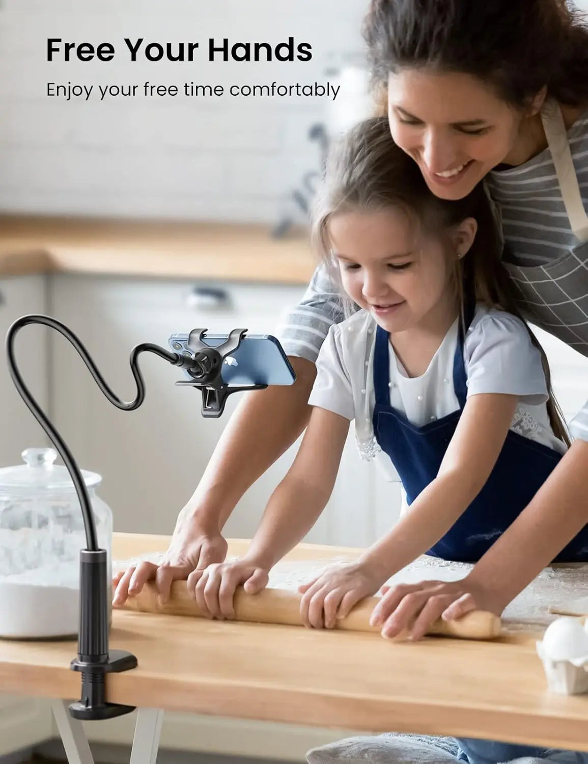 UGREEN gooseneck phone holder providing hands-free recipe viewing in a kitchen