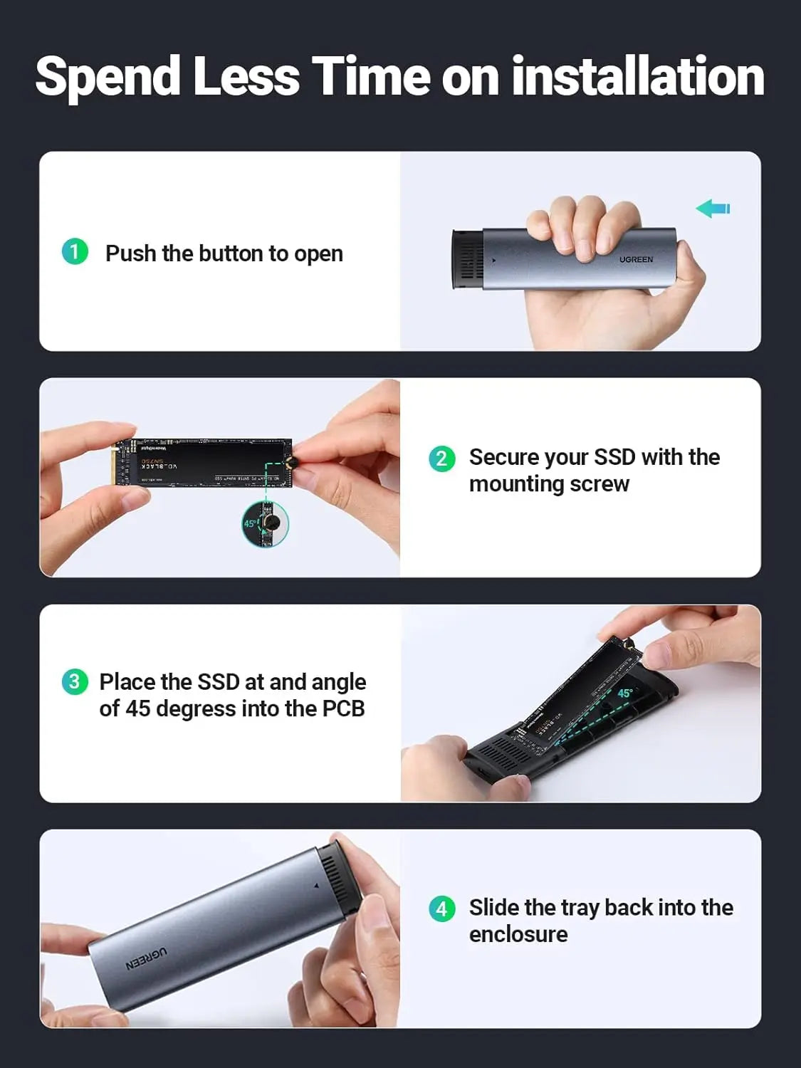 UGREEN M.2 NVMe SATA SSD Enclosure USB-C 3.2 Gen2 10Gbps Thunderbolt 3 Tool-Free External Case 2280 2260 2242 2230 (90264)